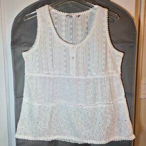 Prana White Eyelet‎ Womens Size M Sleeveless Tank Tiered Blouse